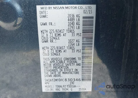 2015 Nissan Rogue S z USA, uszkodzony, nr VIN 5N1AT2MT0FC830346